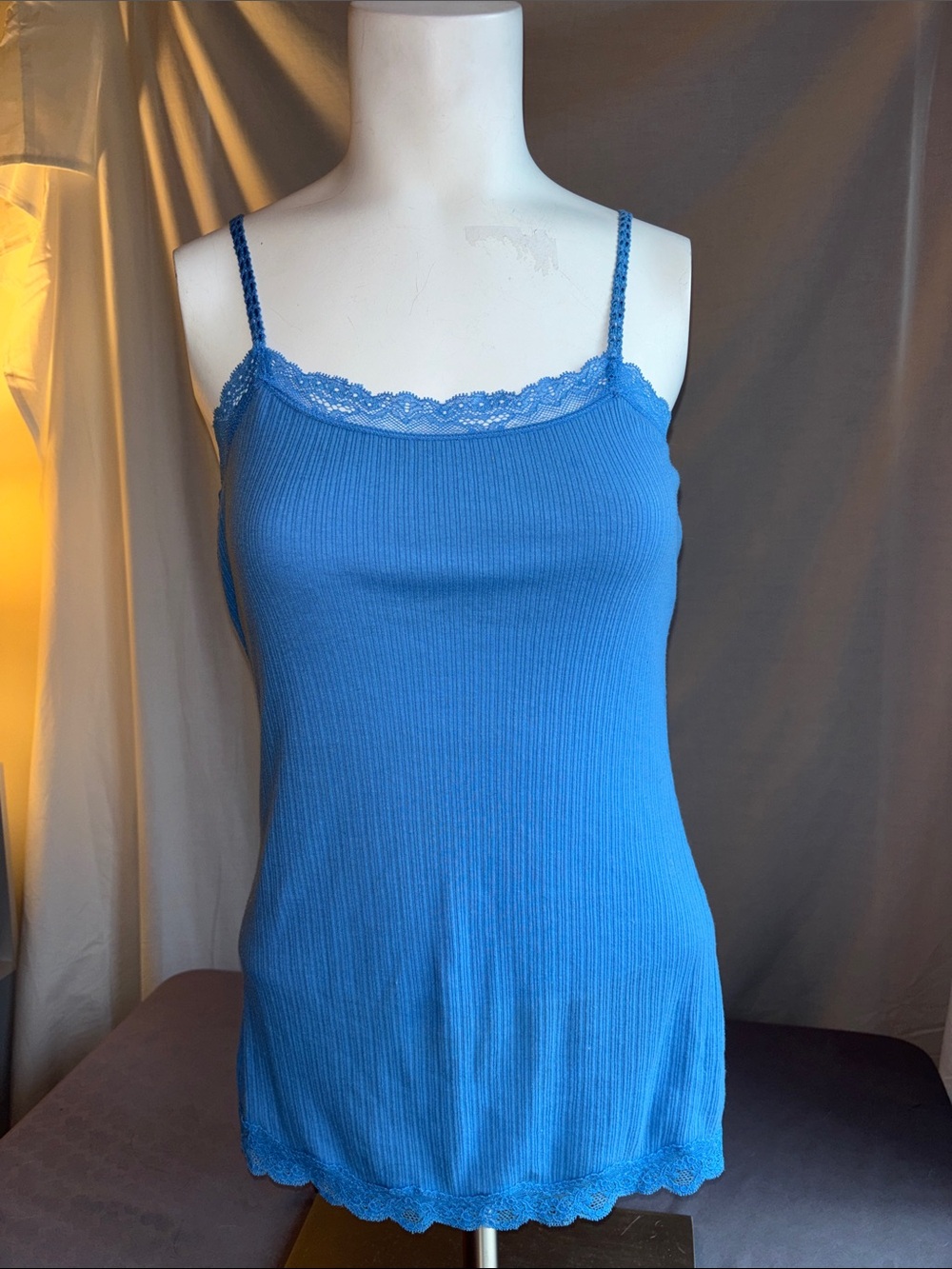 Women’s Blue Lace-Trim Ribbed Cami Tank Top